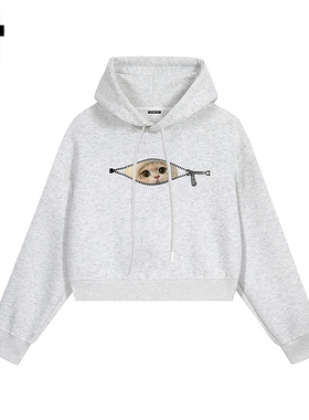 i.t GROUNDZERO国潮牌2025秋款猫咪连帽灰色短款卫衣长袖上衣女