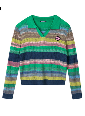 i.t GROUNDZERO韩系时尚V领刺绣毛衣针织衫女镂空长袖绿色上衣