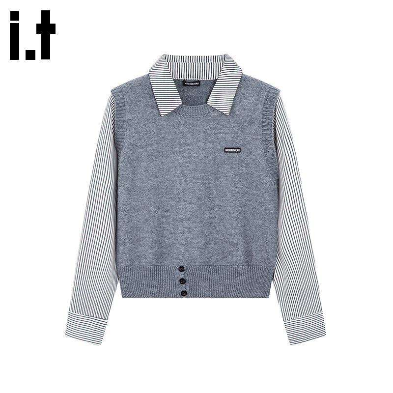 i.t GROUNDZERO2025秋冬马甲西装领条纹假两件毛衣外套针织衫女