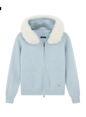 i.t GROUNDZERO韩系2025秋冬浅蓝色毛毛连帽长袖毛衣针织开衫女