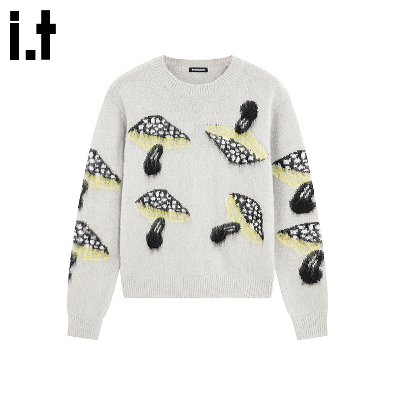 i.t GROUNDZERO韩系2025秋冬灰色圆领蘑菇长袖毛衣针织开衫女