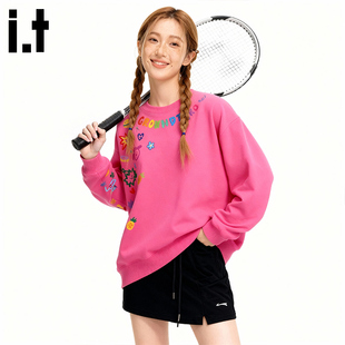 i.tGROUNDZERO韩系2025秋冬棉桃红涂鸦花印花卫衣长袖 上衣 大码