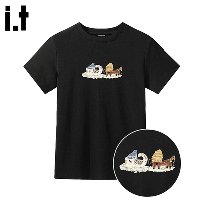 i.t GROUNDZERO可爱猫咪休闲修身正肩圆领宽松棉T短袖T恤上衣服女