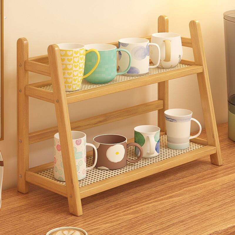 藤编杯子收纳置物架杯架双层桌面杂物水杯收纳架宿舍厨房整理架