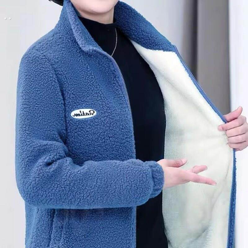 冬季新款妈妈装羊羔绒棉衣洋派中老年女装大尺码加绒加厚长袖外套