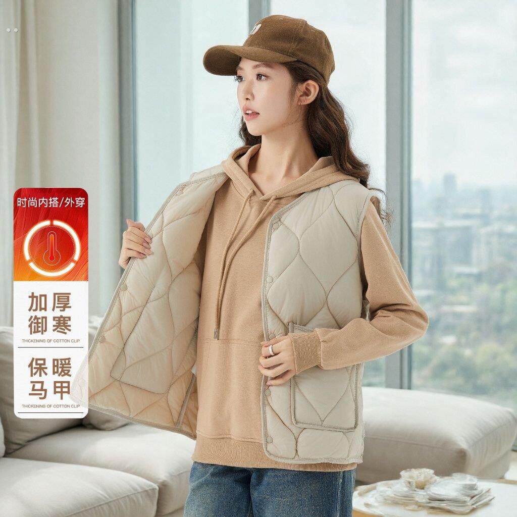 女士保暖加大加厚加绒内搭坎肩女款羊羔毛扣子休闲外穿棉马甲2502