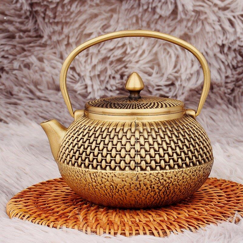 黄铜编织茶壶摆件办公室茶桌茶具装饰提梁手提壶纯铜器工艺品