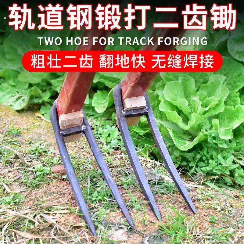 农用全钢长把二齿锄头两用挖土开荒种菜开垦种地农具三齿农用耙子