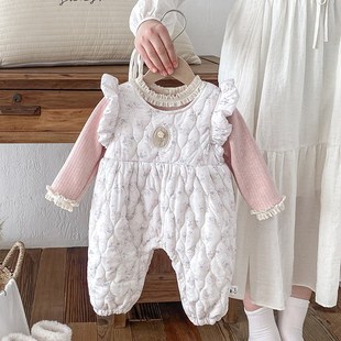 韩版秋冬新款女i宝宝连体衣套装周岁小月龄打底背带裤加绒冬装爬