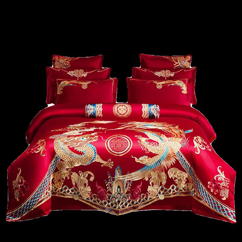 结婚全棉四件套大红色龙凤刺z绣婚庆被子芯陪嫁新婚房上用品,床上用品,婚庆床品套件,淘宝优惠券,粉丝福利购,淘宝优惠卷