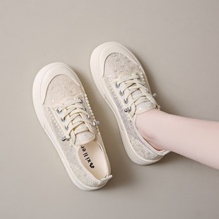 单网蕾丝板d鞋女款2025新款夏季女鞋网面透气网鞋厚底休闲小白鞋