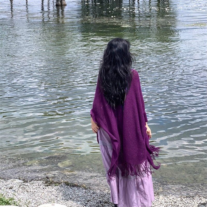 【紫萱】民族风流苏镂空开衩披肩女外搭紫色百P搭旅游拍照披肩斗