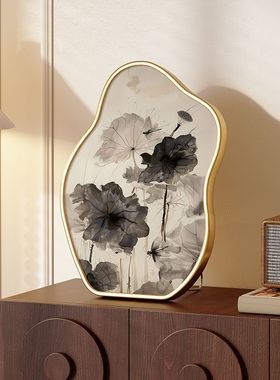 荷叶花鸟喜鹊摆画卧室床头桌面装饰画摆台复古摆件小众艺术水墨