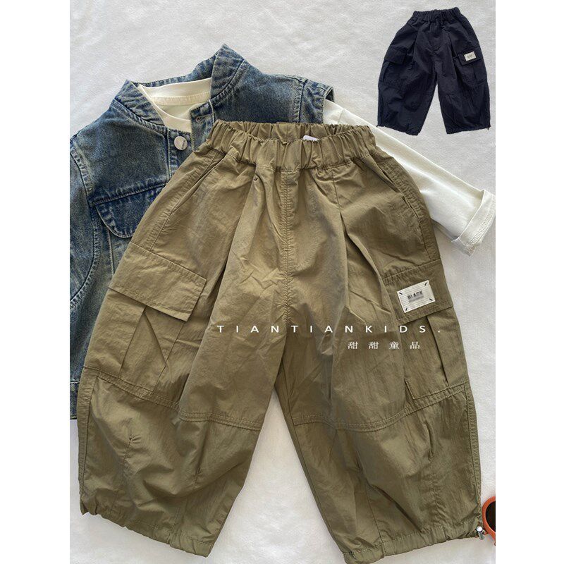 【我是小童】韩j版宽松贴标工装裤男童春款女宝百搭纯色收口直筒