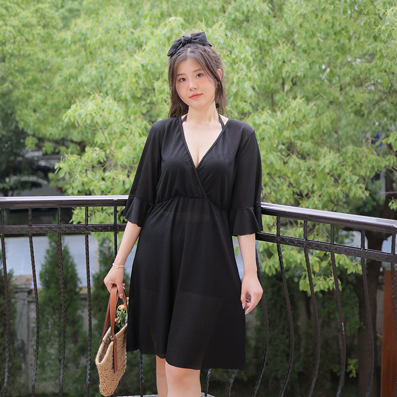 大码泳衣女胖mm200斤宽松中长款分体裙式L温泉钢圈防晒衫三件套装