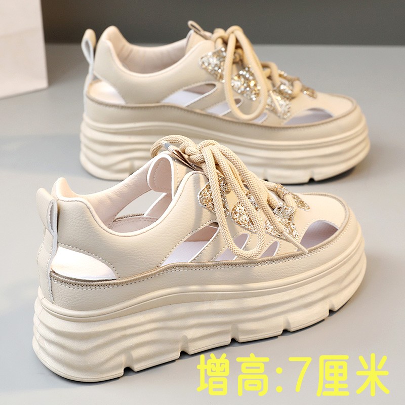 包头运动凉鞋女夏季镂空老w爹鞋内增高厚底板鞋洞洞小白鞋34码