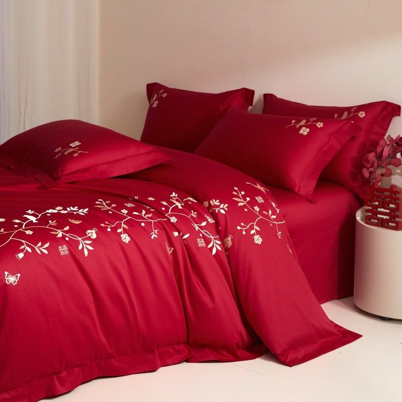 中式全棉简约结i婚四件套大红色新婚陪嫁被套婚庆床上用品婚房,床上用品,婚庆床品套件,淘宝优惠券,粉丝福利购,淘宝优惠卷