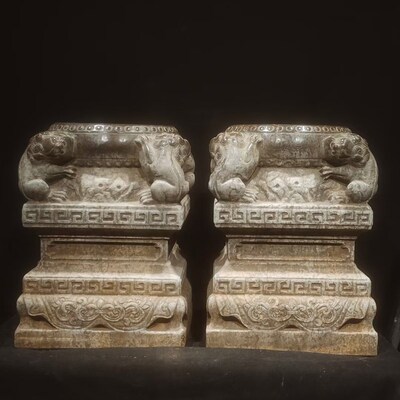 四方喜狮柱顶石 长宽高 3I8--38--51cm