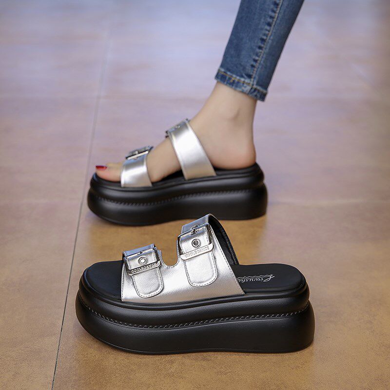 夏天厚底凉拖鞋女外穿2025新款松糕软底高跟小个子增高X沙滩小码3