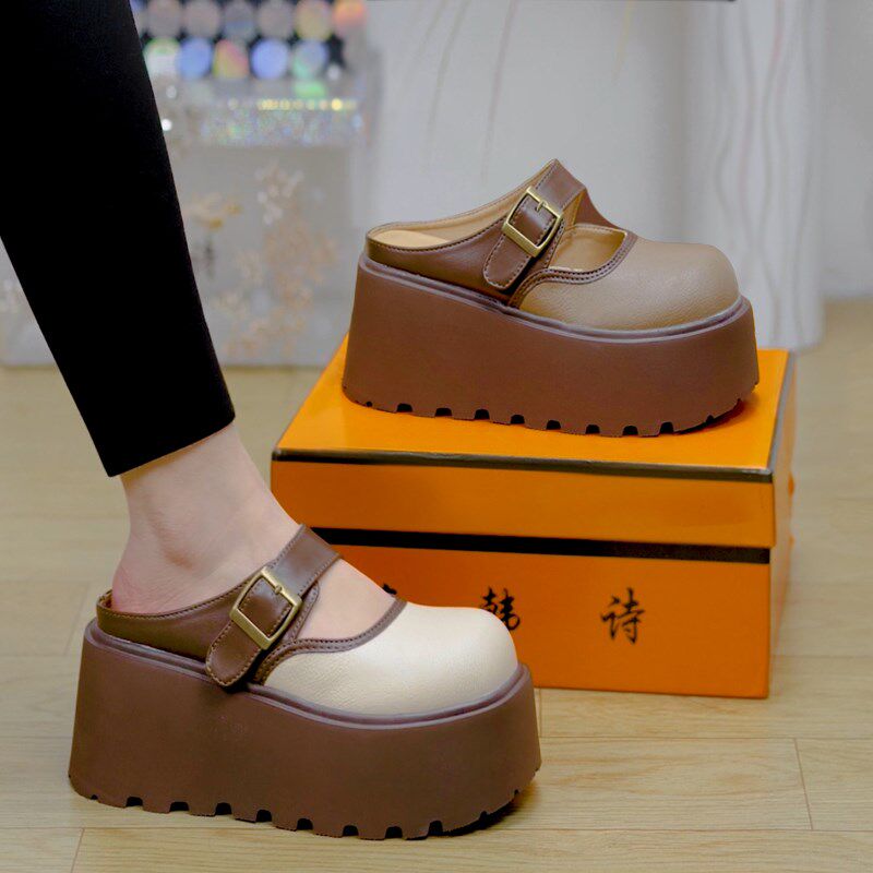 8cm小个子包头一字扣厚底半拖鞋女潮202K5春夏百搭增高休闲凉拖鞋