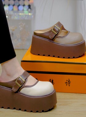 8cm小个子包头一字扣厚底半拖鞋女潮202K5春夏百搭增高休闲凉拖鞋