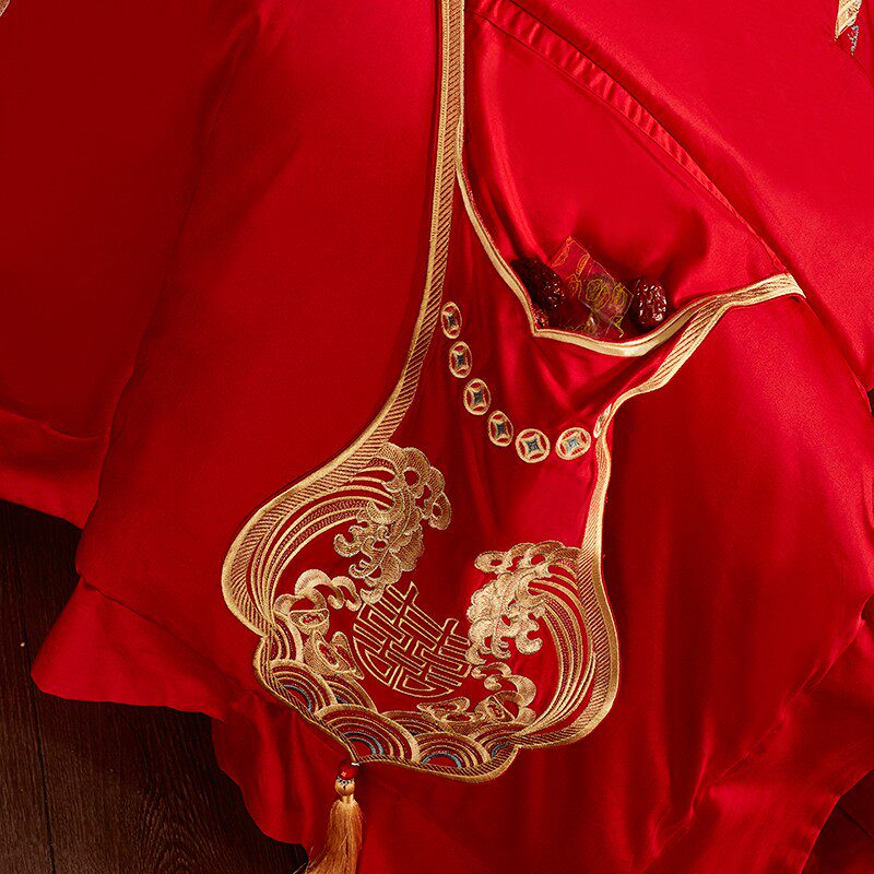 婚庆四件套1.8米n刺绣龙凤百子图十件套大红色结婚六件套床上用品,床上用品,婚庆床品套件,淘宝优惠券,粉丝福利购,淘宝优惠卷