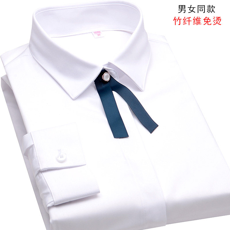 女士纯白色e方领长袖衬衫竹纤维弹力免烫职业正装防走光工装白衬