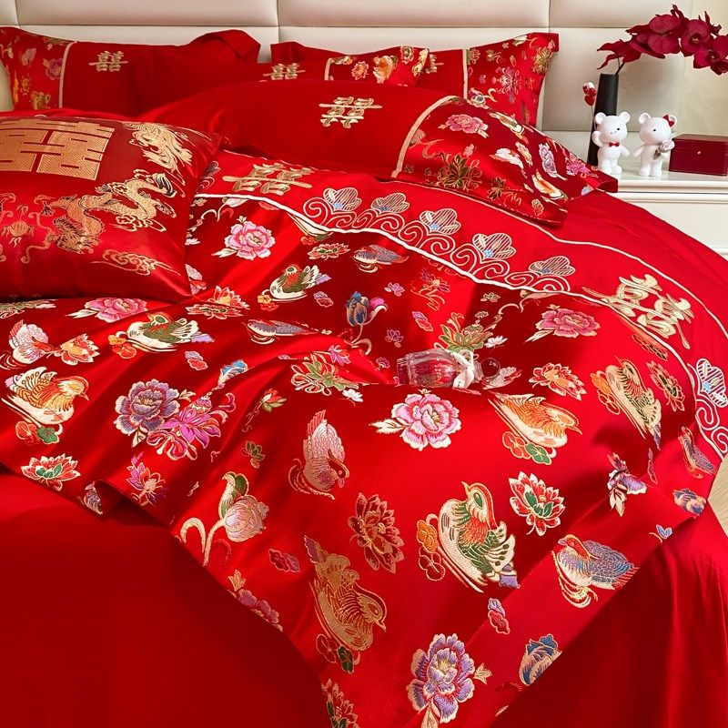 中式龙凤刺绣结婚四件套大x红色新婚陪嫁婚庆被套床单床上用品,床上用品,婚庆床品套件,淘宝优惠券,粉丝福利购,淘宝优惠卷