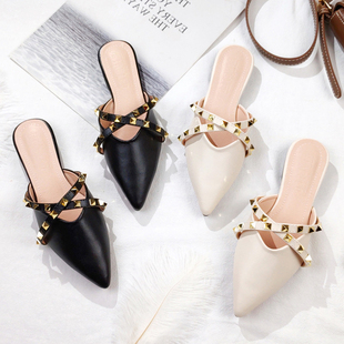 大小码单鞋2021夏季时尚包头z半拖凉拖鞋女网红尖头平底外穿懒人