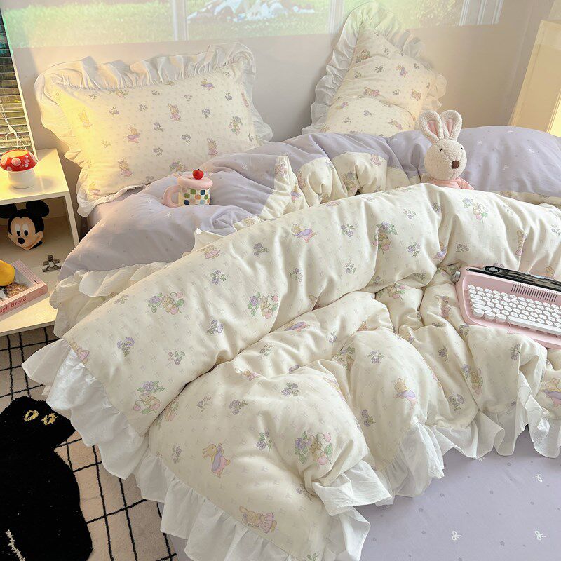 奶呼呼碎花兔兔纯棉四件套韩系ins花边全棉被套小清新1U.5m1.8床