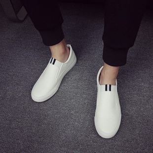 白色男鞋一脚蹬皮面男鞋无鞋带防水D板鞋休闲鞋英伦皮鞋懒汉鞋黑