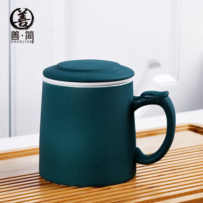 善简茶杯 茶水分离 办公室家用陶瓷大容K量带盖过滤水杯泡茶杯定
