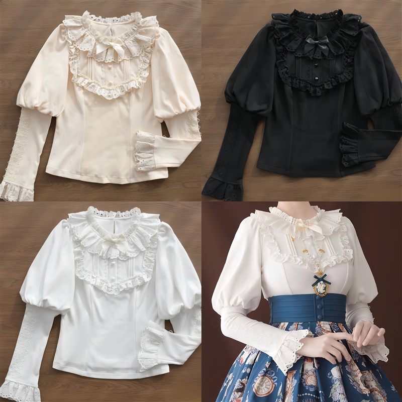 宫廷风lolita秋冬p加绒保暖长袖内搭衬衫圆领荷叶边羊腿袖优雅显