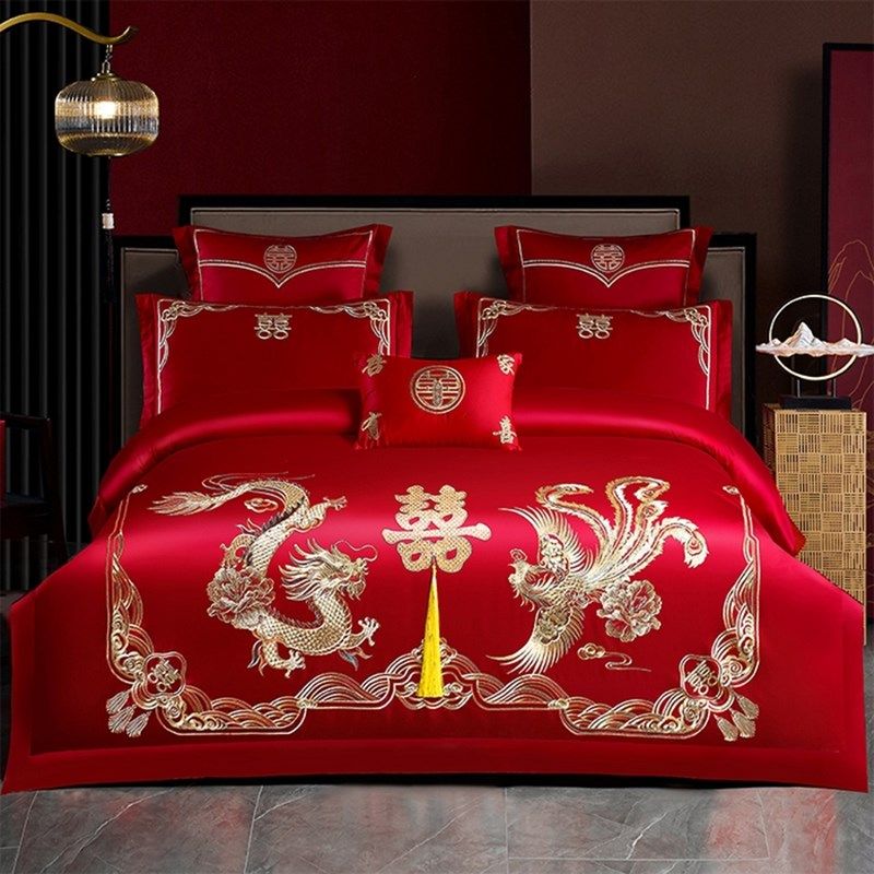 婚庆全棉四件套大红刺绣结婚龙凤套件送被子R芯新婚房床上用品,床上用品,婚庆床品套件,淘宝优惠券,粉丝福利购,淘宝优惠卷
