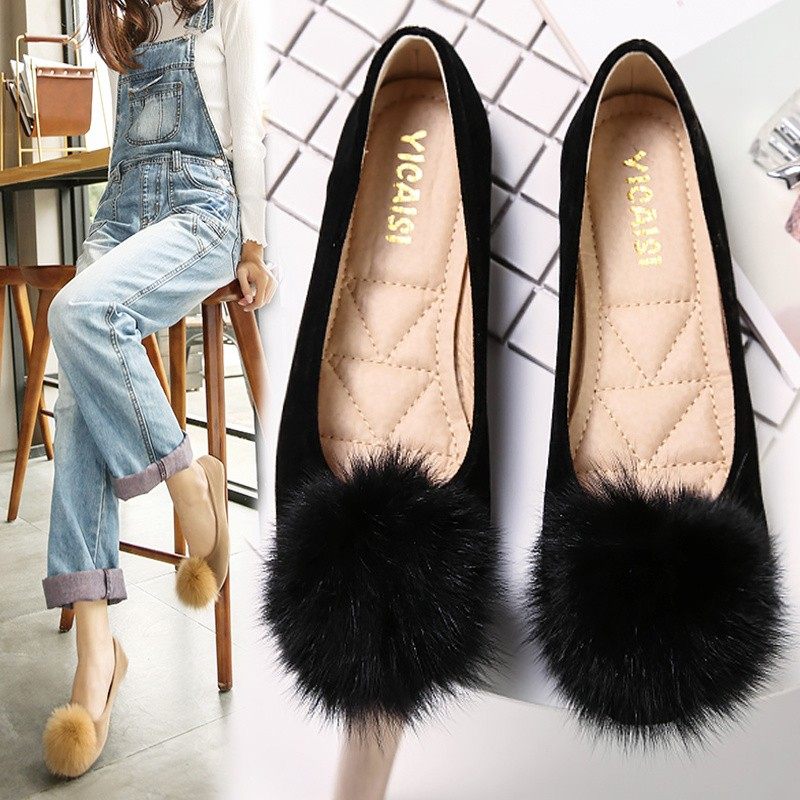 豆豆鞋女春秋2023新款韩版百搭瓢鞋大码浅口O工作平底鞋女毛球单,女鞋,浅口单鞋,淘宝优惠券,粉丝福利购,淘宝优惠卷