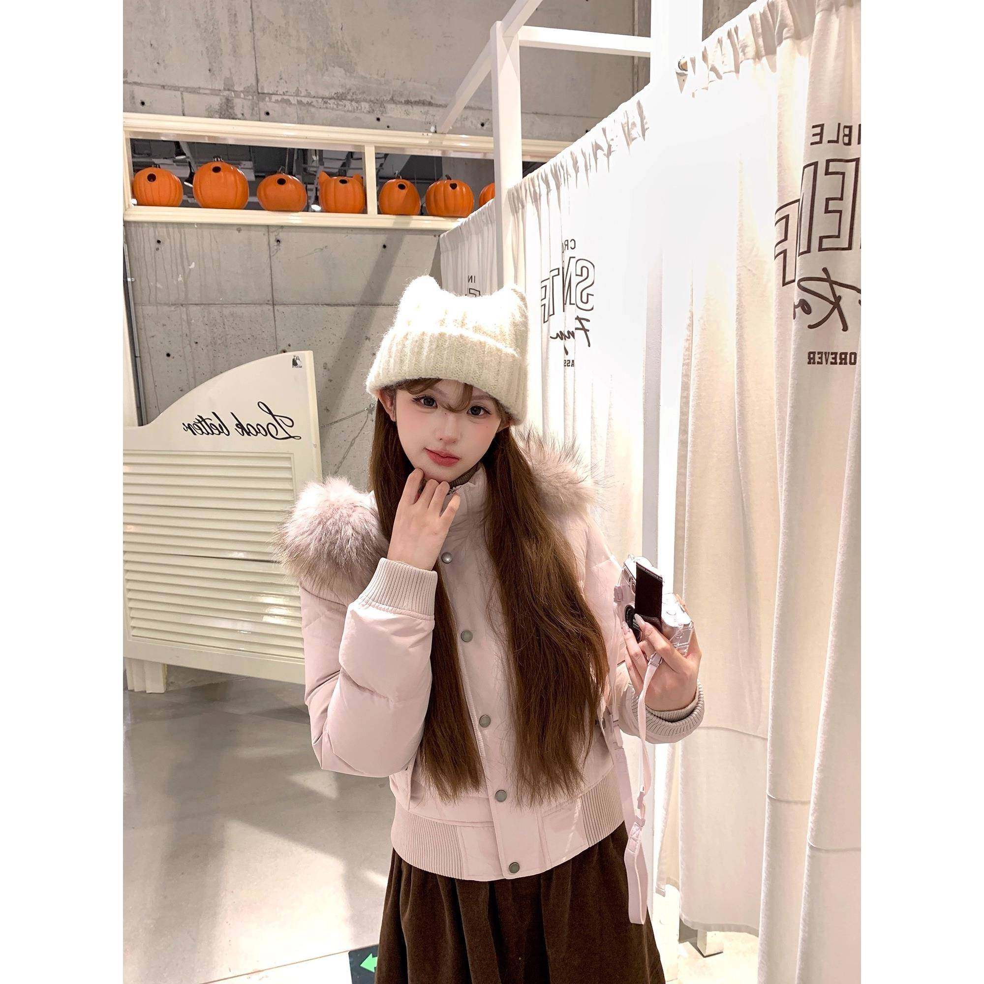 90白鸭绒粉色短款羽绒服女2025冬季大毛领连帽加绒面包服棉衣外套