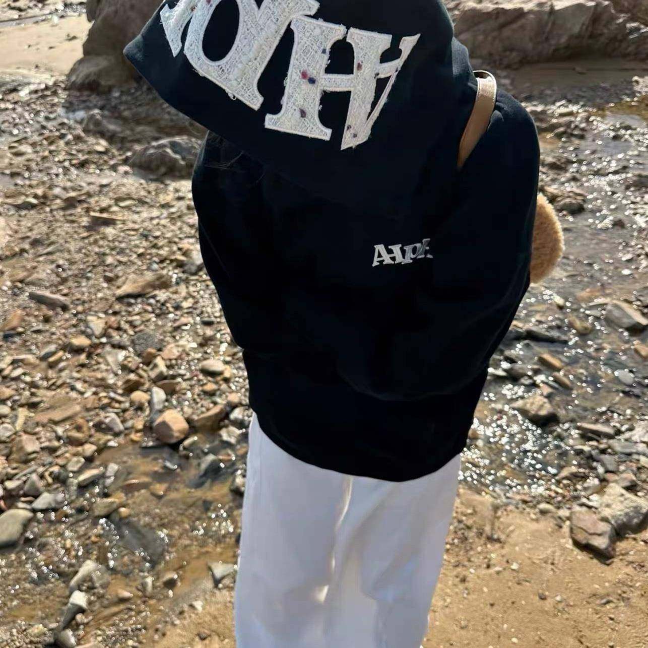 美式复古帽子字母贴布刺绣连帽卫衣女秋冬加绒宽松慵懒风情侣外套