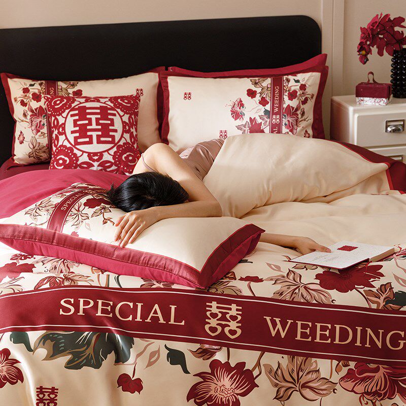 A类婚庆四件套大红喜被全棉x中式印花结婚房嫁礼床单床上用品4,床上用品,婚庆床品套件,淘宝优惠券,粉丝福利购,淘宝优惠卷