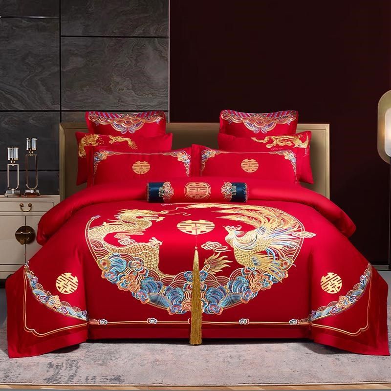 100支长绒棉婚庆o四件套结婚全棉刺绣被套大红8件套床上用品件,床上用品,婚庆床品套件,淘宝优惠券,粉丝福利购,淘宝优惠卷