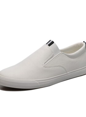 白色男鞋一脚蹬皮面男鞋无鞋带防水板鞋I休闲鞋英伦皮鞋懒汉鞋黑