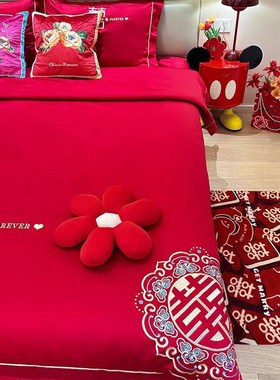 160支长绒棉结婚四件套红色被套床单婚K庆床上用品新婚房喜被4