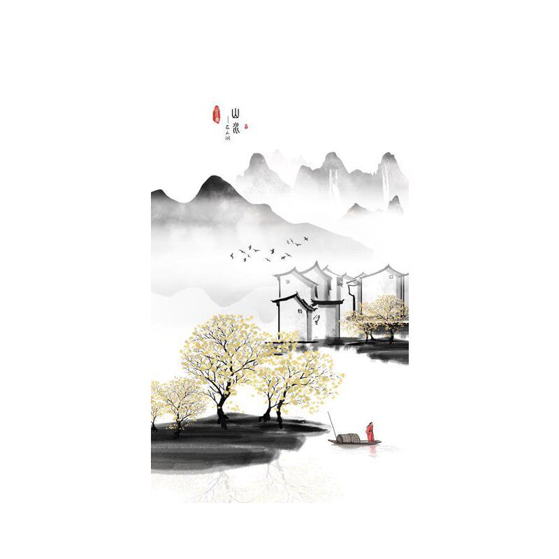 新玄关背景墙壁饰画现代竖走廊过道客厅水墨山水画