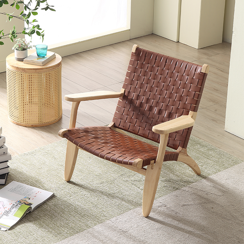 实木阳台看书椅休闲椅阅读单人沙发客厅椅马鞍皮椅懒人家用靠背椅