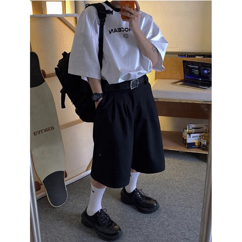 过膝冰丝西装短裤男春夏季薄款宽松日系7分休闲阔腿七分五分裤子