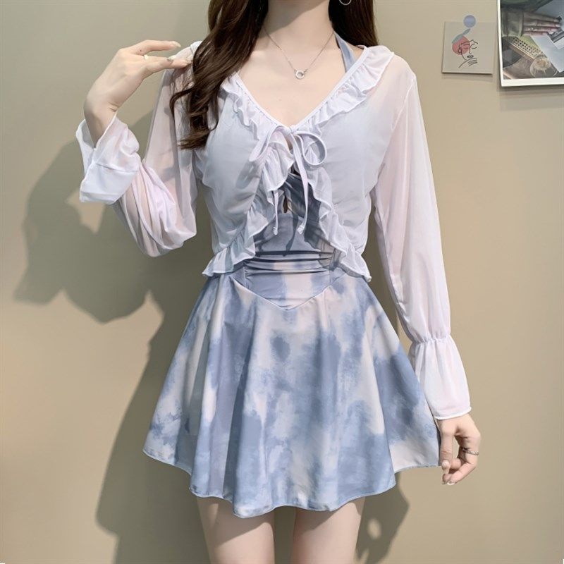 泳衣女夏2024新款扎染连t体平角裙式遮肉显瘦长袖带罩衫保守泡温,运动/瑜伽/健身/球迷用品,连体泳衣,淘宝优惠券,粉丝福利购,淘宝优惠卷