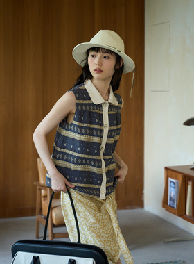 aww 椿野·手工打褶娃娃领撞色拼接马甲小圆领无袖A字上衣文艺风