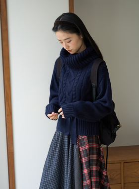 aww 粗针收腰含羊毛·高领绞花毛衣含羊毛藏青色厚针织衫秋冬