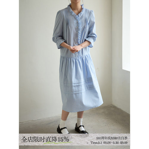 aww 实穿主义·浅蓝色木耳边抽皱七分袖打褶连衣裙早春