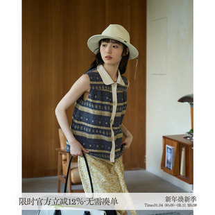 aww 椿野·手工打褶娃娃领撞色拼接马甲小圆领无袖A字上衣文艺风