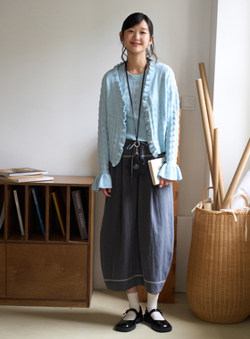 aww 浪漫钩织·浅蓝V领针织衫复古森系休闲镂空开衫/马甲